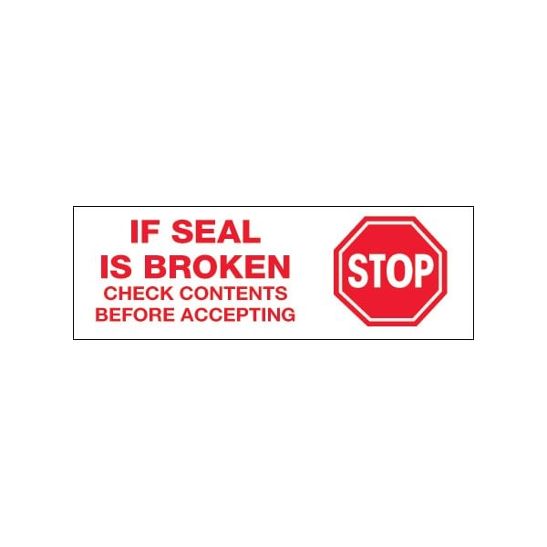 Tape Logic® Printed Carton Sealing Tape "Stop If Seal Is Broken" 2" x 110 Yds. White/Red