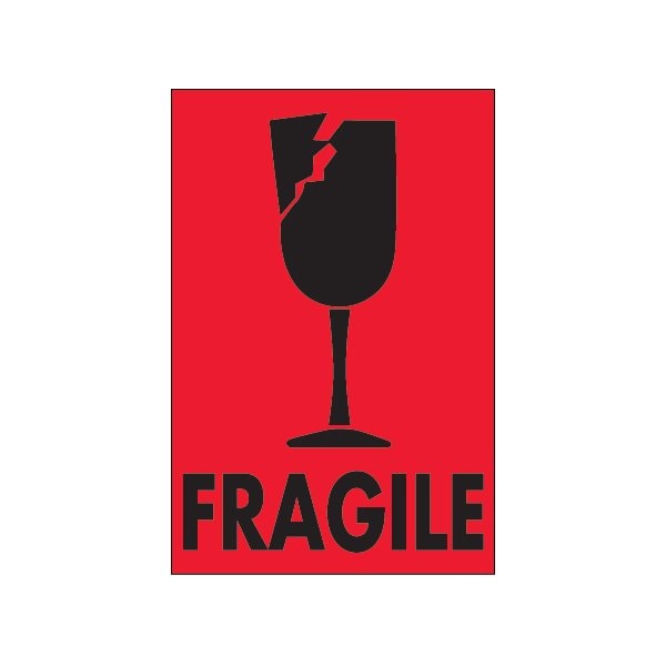 2 x 3'' - ''Fragile'' Fluorescent Red Labels, Style 2, 500PK