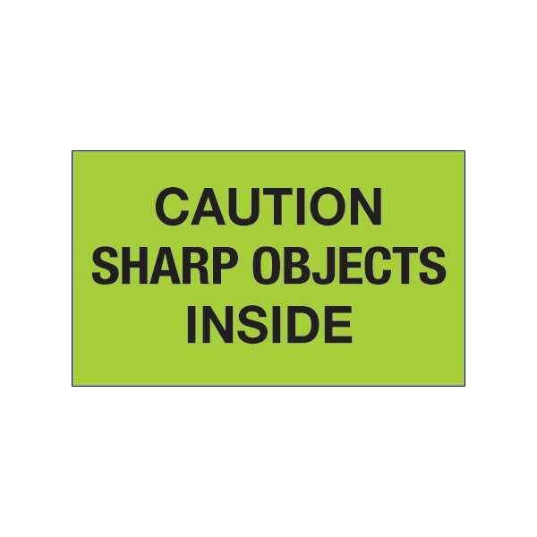 3 x 5'' - ''Caution Sharp Objects Inside'' Fluorescent Green Labels