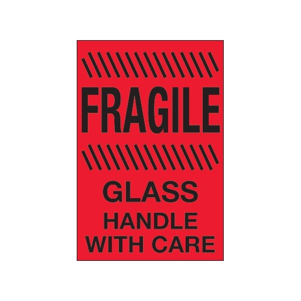 4 x 6'' - ''Fragile - Glass - Handle With Care'' Fluorescent Red Labels