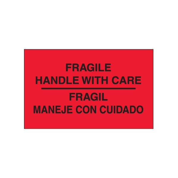 3 x 5'' - ''Fragil - Maneje Con Cuidado'' Fluorescent Red Bilingual Labels