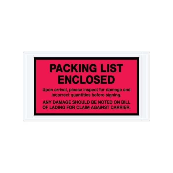 5-1/2 x 10'' Red Full-Face ''Packing List Enclosed'' Envelopes, Style 1, 1000PK