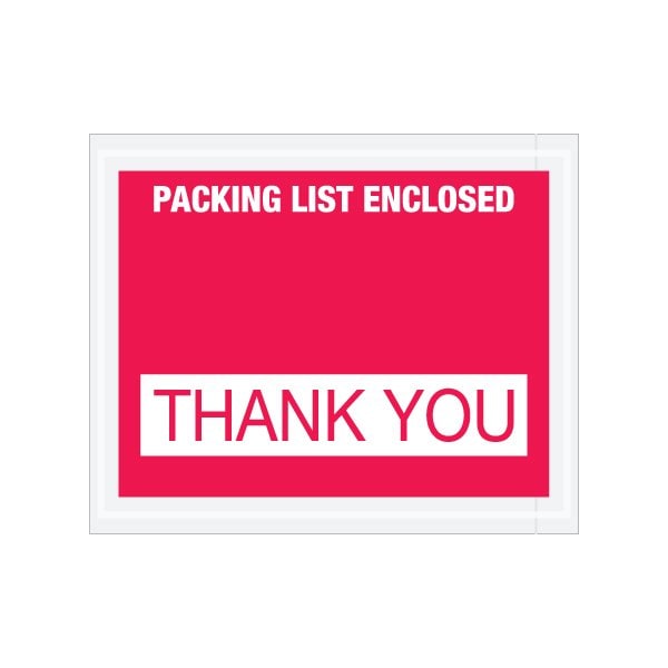 4-1/2 x 5-1/2'' Red ''Packing List Enclosed - Thank You'' Envelopes, 1000PK