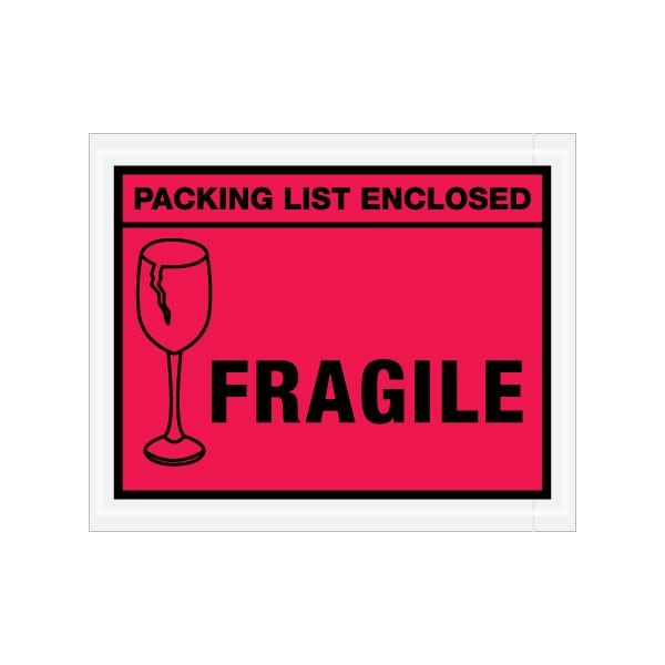 4-1/2 x 5-1/2'' Red ''Packing List Enclosed - Fragile'' Envelopes, 1000PK