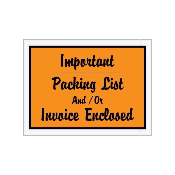 4-1/2 x 6'' Orange ''Important Packing List And/Or Invoice Enclosed'' Envelopes, 1000PK