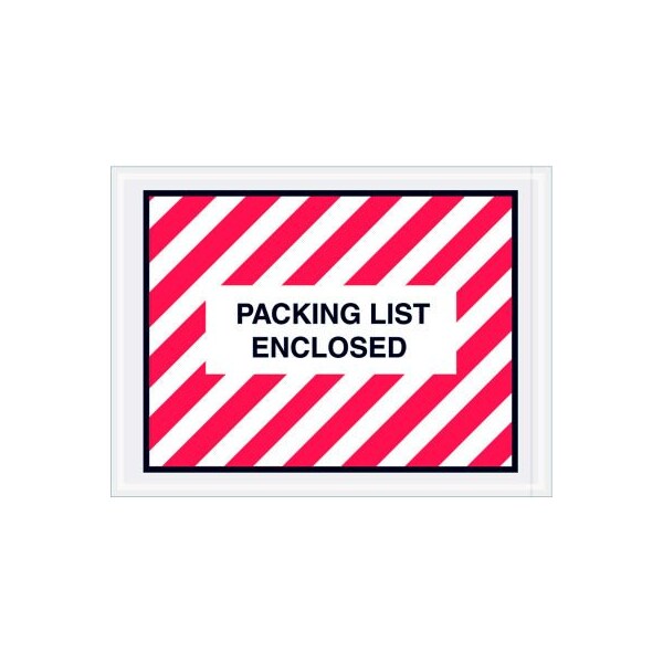 Full Face Striped Envelopes w/ "Packing List Enclosed" Print, 6"L x 4-1/2"W, Red/White, 1000/Pack