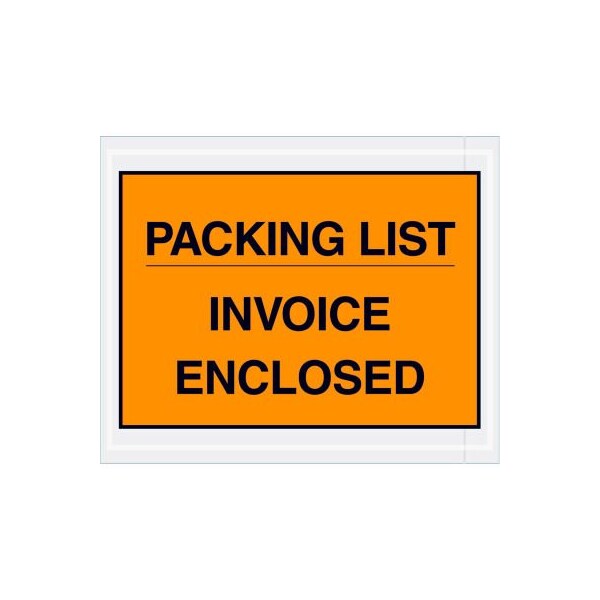 Full Face Envelopes, "Packing List/Invoice Enclosed" Print, 5-1/2"Lx4-1/2"W, Orange, 1000/Pack