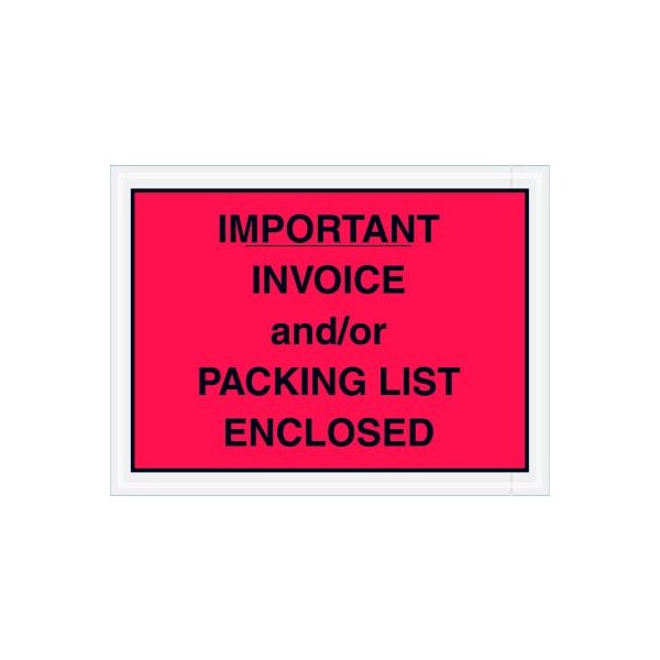 Full Face Envelopes, "Packing List/Invoice Enclosed" Print, 6"L x 4-1/2"W, Red, 1000/Pack