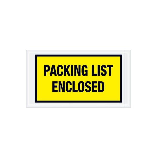 Full Face Envelopes, "Packing List Enclosed" Print, 10"L x 5-1/2"W, Yellow, 1000/Pack