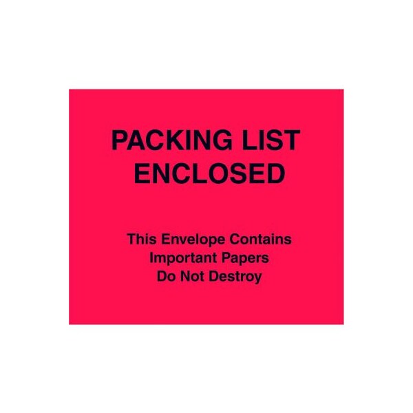 Full Face Envelopes, "Packing List Enclosed" Print, 6"L x 7"W, Red, 1000/Pack