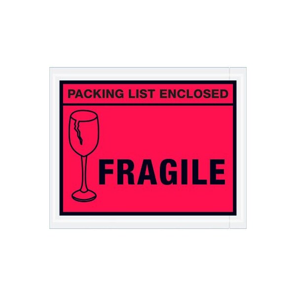 Full Face Envelopes, "Packing List Enclosed-Fragile" Print, 5-1/2"L x 4-1/2"W, Red, 1000/Pack