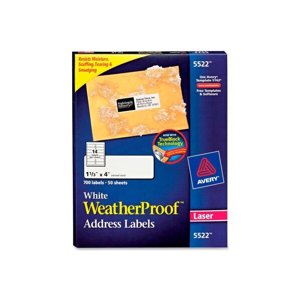 Avery® White Weatherproof Laser Shipping Labels, 1-1/3 x 4, 700/Pack