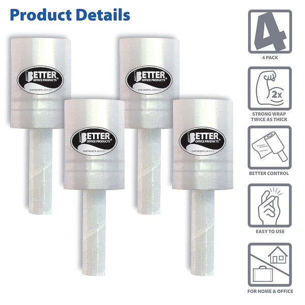Mini Stretch Wrap W/Easy Grip Handle, Self-Dispensing, 5 in x 1000 ft Per Roll, 80 Gauge, 4PK