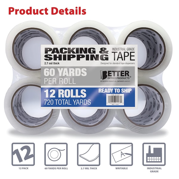 Clear Packing Tape, Industrial Grade, 2.7 mils, 1.88in. x 60 Yards/Roll, 720 Total Yards, 12PK