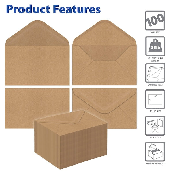Kraft Invitation Envelopes, Strong Bond Paper, Pointed Flap, A6 Size, 100PK