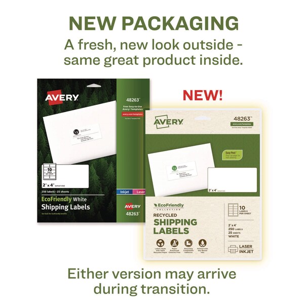EcoFriendly Mailing Labels, Inkjet/Laser Printers, 2 x 4, White, PK250