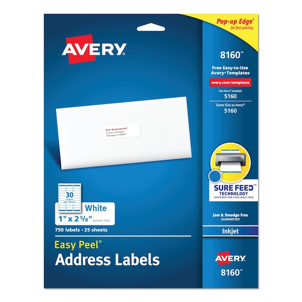 Easy Peel White Address Labels w/Sure Feed, Inkjet, 1x2.63, PK750