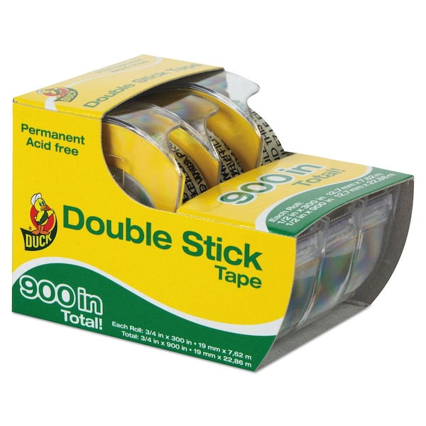 Permanent Double-Stick Tape with Dispenser, 1" Core, 0.5" x 25 ft, Clear, PK3