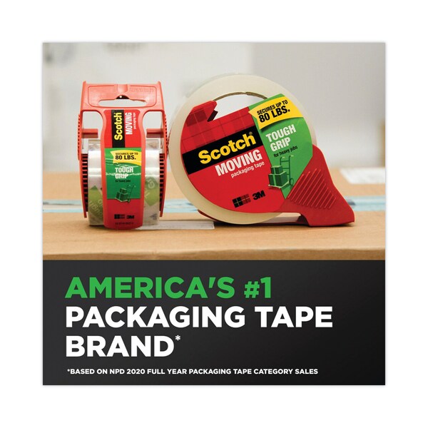 Tough Grip Moving Packaging Tape with Dispenser, 3" Core, 1.88" x 38.2 yds, Clear, 2PK