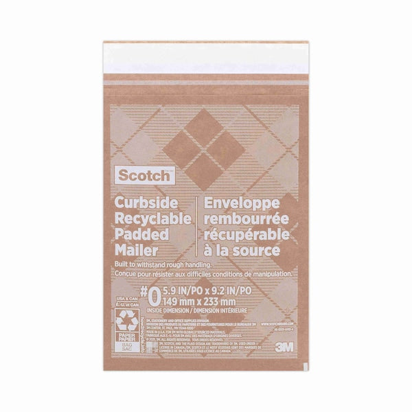 Curbside Recyclable Padded Mailer, #0, Self-Adhesive, Interior Dimensions: 5.9x9.2, Kraft, 100PK