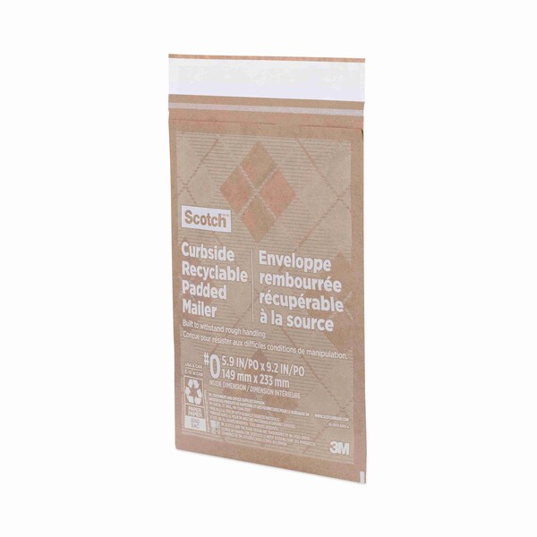 Curbside Recyclable Padded Mailer, #0, Self-Adhesive, Interior Dimensions: 5.9x9.2, Kraft, 100PK