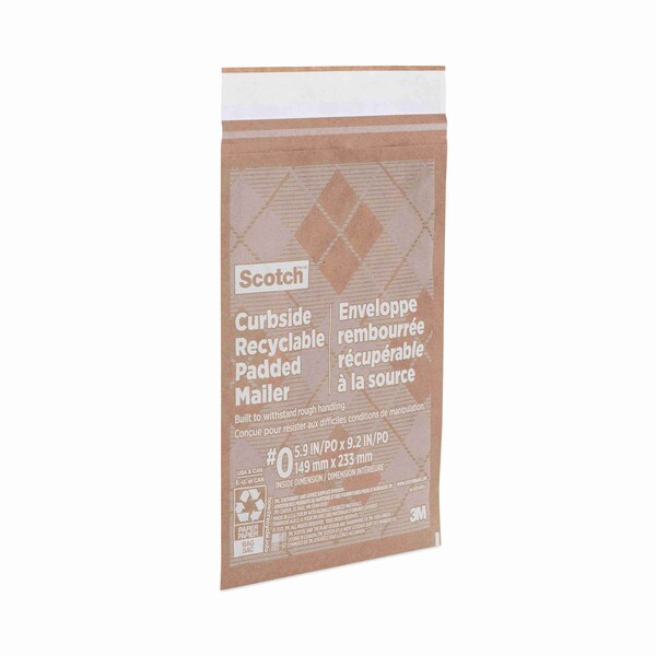 Curbside Recyclable Padded Mailer, #0, Self-Adhesive, Interior Dimensions: 5.9x9.2, Kraft, 100PK