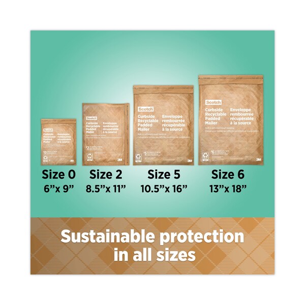 Curbside Recyclable Padded Mailer, #0, Self-Adhesive, Interior Dimensions: 5.9x9.2, Kraft, 100PK