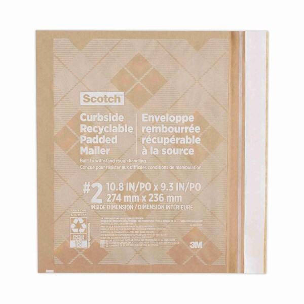 Curbside Recyclable Padded Mailer, #2, Self-Adhesive, Interior Dimensions: 10.8x9.3, Kraft, 100PK