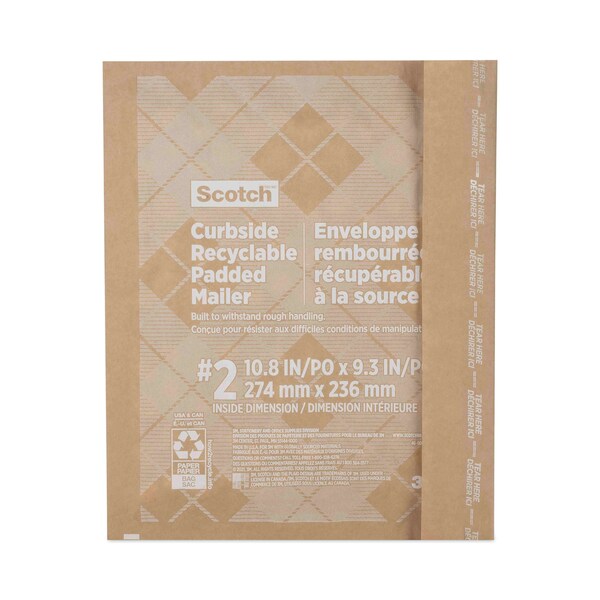 Curbside Recyclable Padded Mailer, #2, Self-Adhesive, Interior Dimensions: 10.8x9.3, Kraft, 100PK