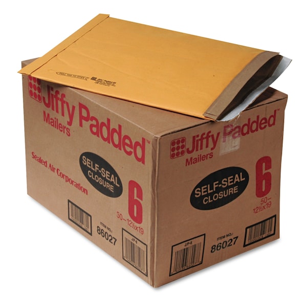 Padded Mailer, #6, Paper Lining, Self-Adhesive, 12.5x19, Kraft, PK50