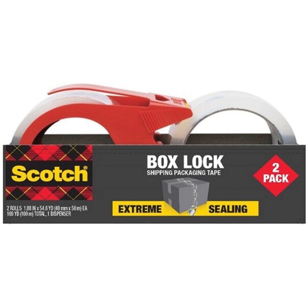 Shipping Tape, w/Dispenser, Box Lock, 1.88"x55 yd, 2/PK, CL 2PK