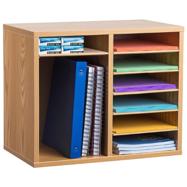 12-Compartment Wood Adjustable Paper Sorter Literature File Organizer, Medium Oak