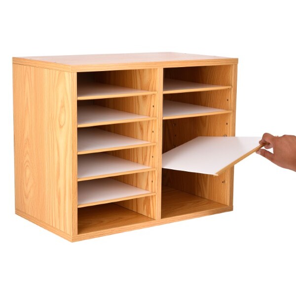 12-Compartment Wood Adjustable Paper Sorter Literature File Organizer, Medium Oak