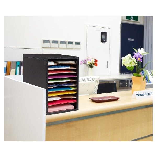 11-Compartment Wood Adjustable Vertical Paper Sorter Literature File Organizer, Black