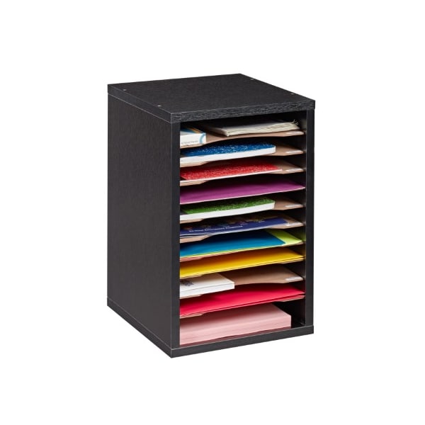 11-Compartment Wood Adjustable Vertical Paper Sorter Literature File Organizer, Black