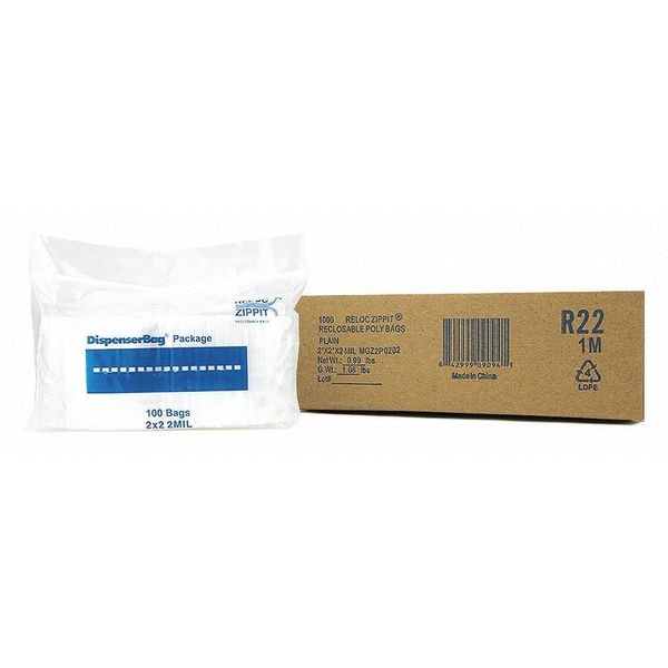 Clear Reclosable Bags, 2 mil, 2"x2", PK1000, 2 L, 2 W, Clear