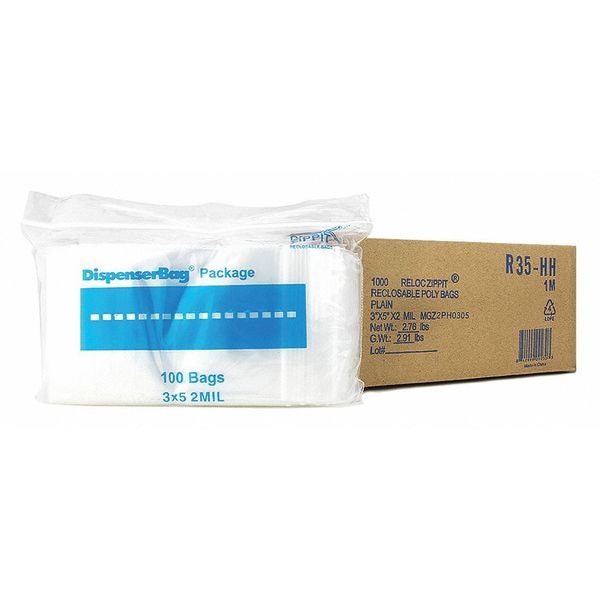 Clear Reclosable Bags, 2 mil, 3"x5", PK1000, 5 L, 3 W, Clear