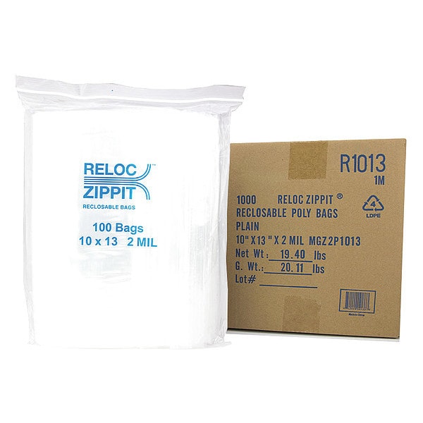 Clear Reclosable Bags, 2mil, 10x13", PK1000, 13 L, 10 W, Clear