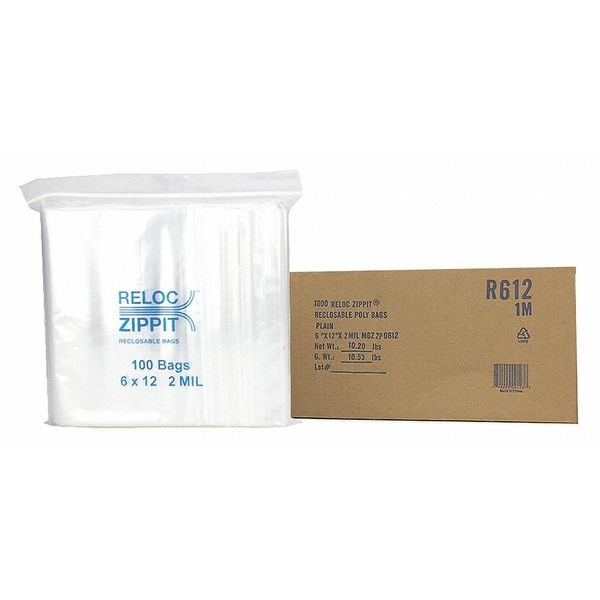 Clear Reclosable Bags, 2mil, 6"x12", PK1000, 12 L, 6 W, Clear