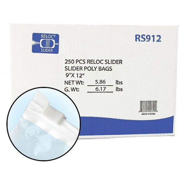 Clear Reclosable Bags, 2 mil, 9"x12", PK250, 12 L, 9 W, Clear