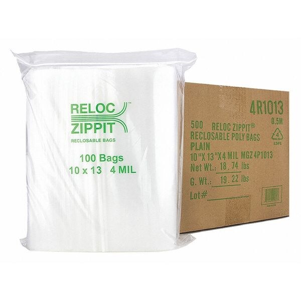 Clear Reclosable Bags, 4mil, 10"x13", PK500, 13 L, 10 W, Clear