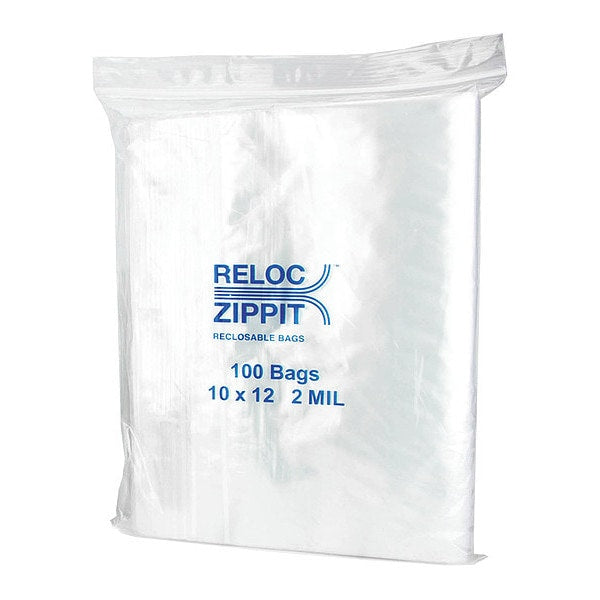 Reclosable Poly Bag, Zip Seal, 12 in L, 10 in W, 2 mil Thick, Polyethylene, Clear