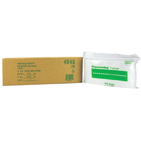 Reclosable Poly Bag, Zip Seal, 6 in L, 4 in W, 4 mil Thick, Polyethylene, Clear