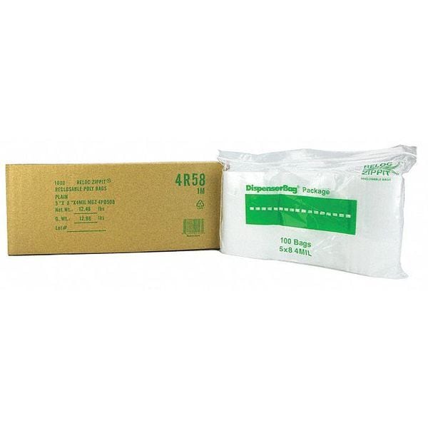 Reclosable Poly Bag, Zip Seal, 8 in L, 5 in W, 4 mil Thick, Polyethylene, Clear