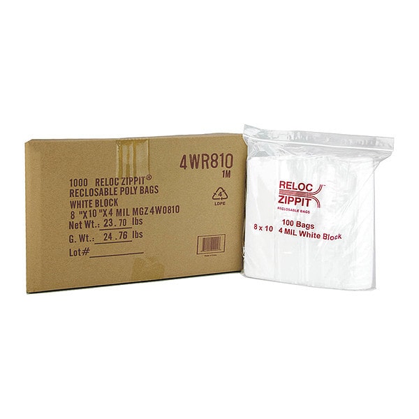 Reclosable Poly Bag, Zip Seal, 10 in L, 8 in W, 4 mil Thick, Polyethylene, Clear
