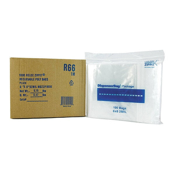 Reclosable Poly Bag, Zip Seal, 6 in L, 6 in W, 2 mil Thick, Polyethylene, Clear