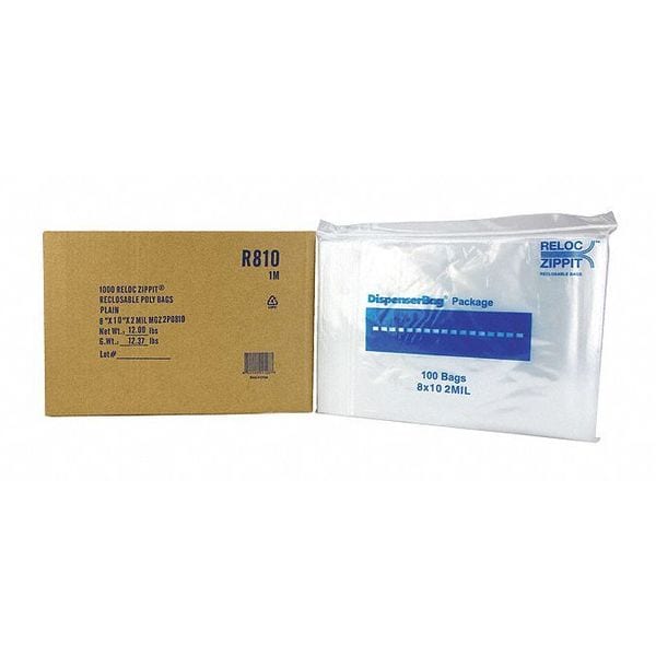 Reclosable Poly Bag, Zip Seal, 10 in L, 8 in W, 2 mil Thick, Polyethylene, Clear