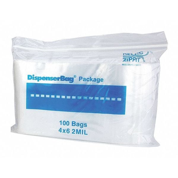 Reclosable Poly Bag, Zip Seal, 6 in L, 4 in W, 2 mil Thick, Polyethylene, Clear