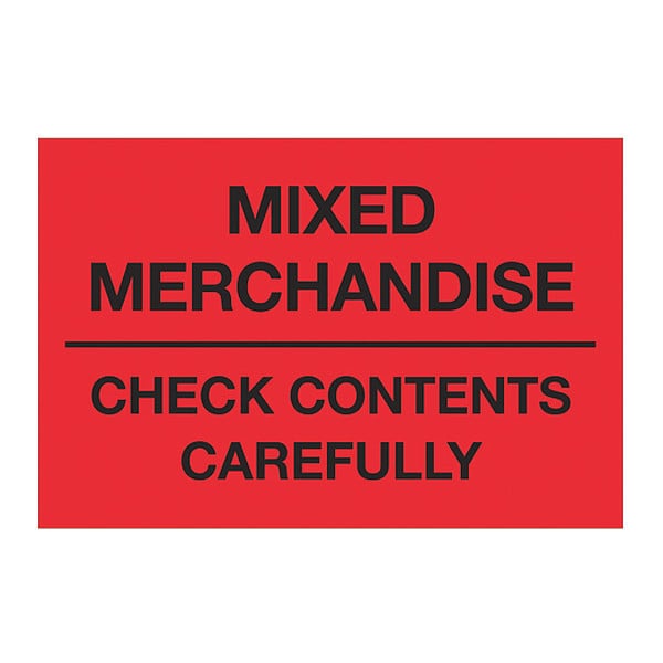 Tape Logic® Labels, "Mixed Merchandise Check Contents Carefully", 2 x 3", Fluorescent Red, 500/Roll