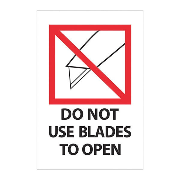 Tape Logic® Labels, "Do Not Use Blades to Open", 4 x 6", Red/White/Black, 500/Roll